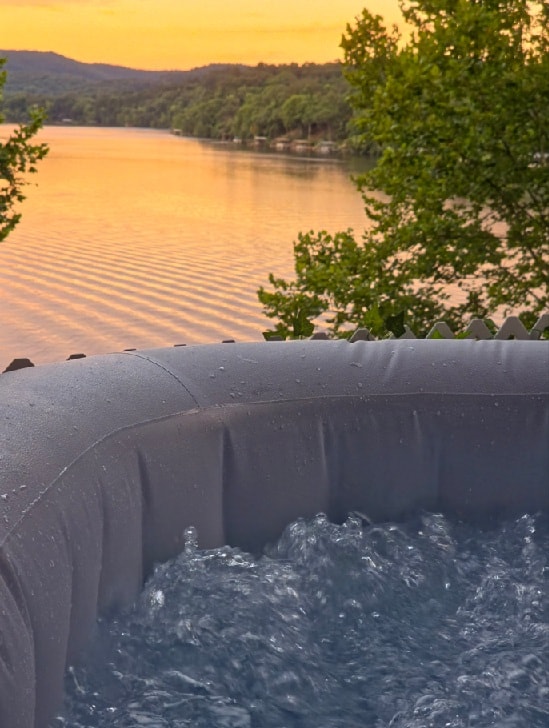 Hot tub and deck at sunset — 139 Waterfront Ct, Hot Springs AR